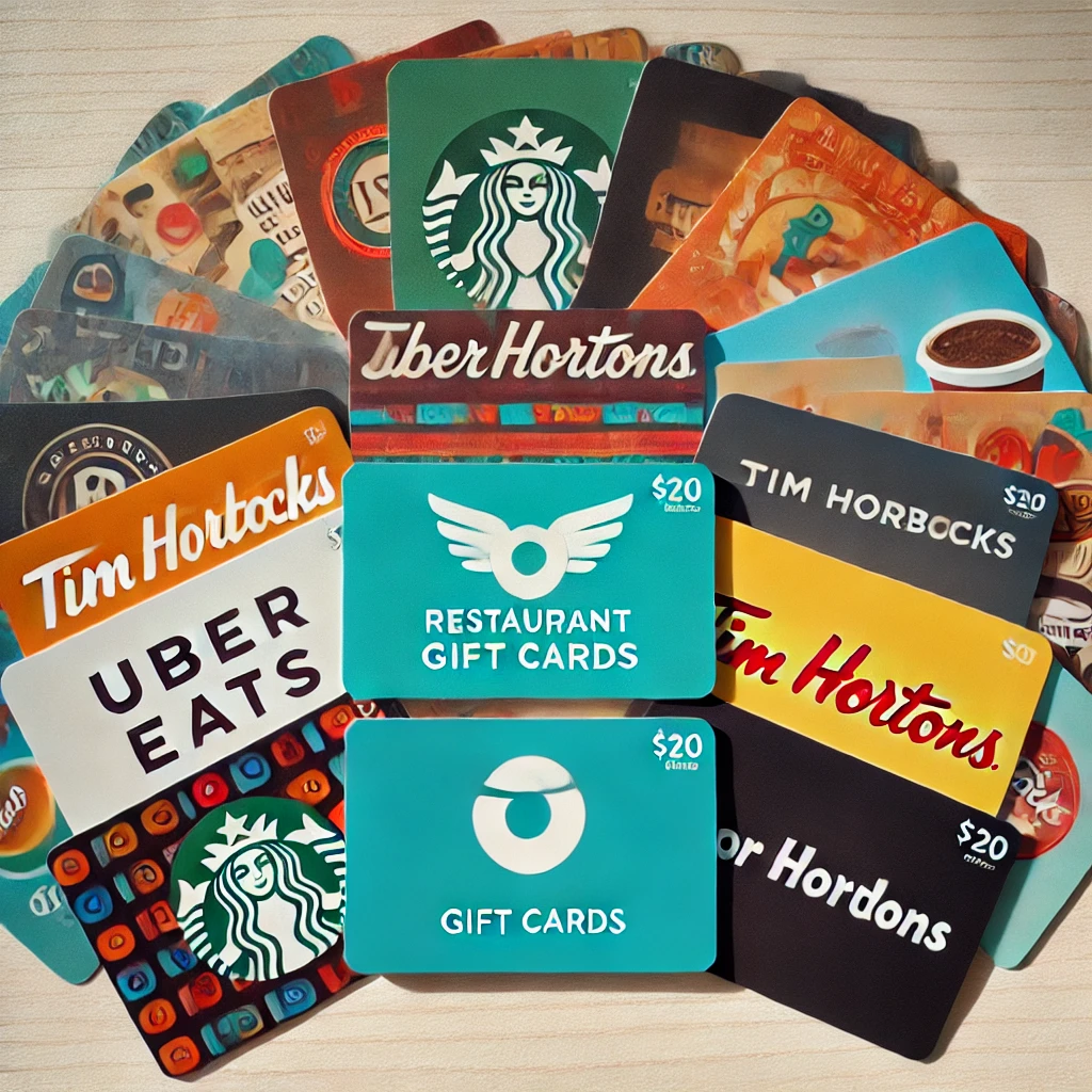A visually appealing display of restaurant gift cards arranged in a fan shape. The cards should feature diverse popular restaurant logos like Uber Eat